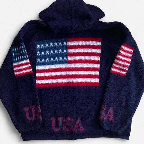 Tejidos Ruminahui Ecuadorian Navy Blue Wool USA American Flag Hoodie Jacket - Picture 5 of 6